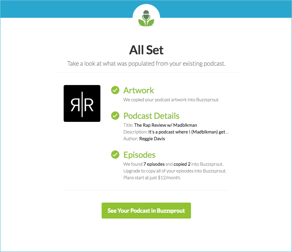 Confirming information imported into Buzzsprout from external podcast